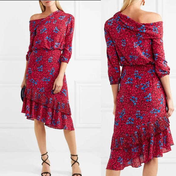 SALONI Lexie Red Floral Asymmetrical Ruffle Pleat Cold Shoulder Silk Dress US 0 - Picture 1 of 10